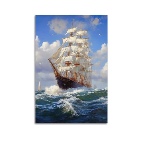 Poster vintage de peinture à l'huile sur toile Motif bateau à voile 30 x 45 cm