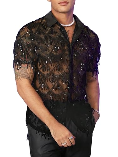 WDIRARA Men's Contrast Sequin Fringe Mesh Button Short Sleeve Lapel Neck See Through Party Shirt Top