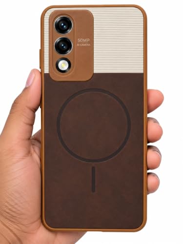Image of Bintage Mac Safe Design Hard Slim Back Case | Soft Border Camera Protect | Dual PU Leather Finish Back Cover Compatible for Oppo K12x 5G - White & Cherry Brown