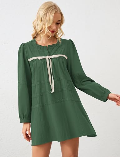Burtell Women Flowy Long Puff Sleeve Mini Dress Casual Square Neck Lace Embroidered Babydoll Dress Bow A-line Tunic Dresses Dark Green — view 2