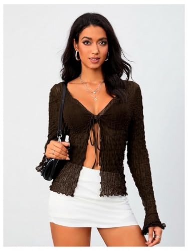 Image of Milumia Women's Y2K Textured Mesh Cardigan Shrug Tie Front Tops | Lettuce Trim , Long Sleeve, Open Front, Sheer, Flared, Club Party, Going Out, Rave, Cover Ups