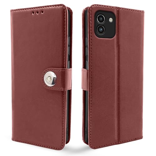 Image of Pikkme Samsung Galaxy A03 Flip Cover Leather Finish | Inside TPU with Card Pockets | Wallet Stand and Shock Proof | Complete Protection Button Flip Case (Brown)