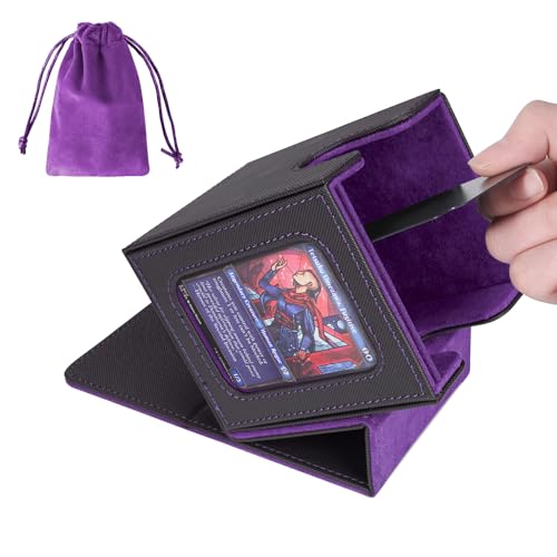 AFIING MTG Deck Box for Commander Display,Card Deck Box Fits 100 Double Sleeved Cards, Magic Commander TCG Card Storage Box with 2 Dividers,Drawstring Bag and 1 Toploader(Black/Purple)