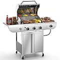 Premium 3-Burner Propane Gas Grill with Side Burner | 34,000 BTU Stainless Steel Outdoor BBQ Grill with Thermometer & Casters for Patio, Camping, Backyard Parties