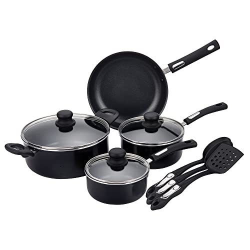 Hamilton Beach Aluminum Covered Cookware Set, Nonstick Saucepan Frypan, Dutch Oven with Soft Touch Bakelite Handle, | Spiral Bottom- Multipurpose Use | Durable & Dishwasher Safe |10pc, Black |