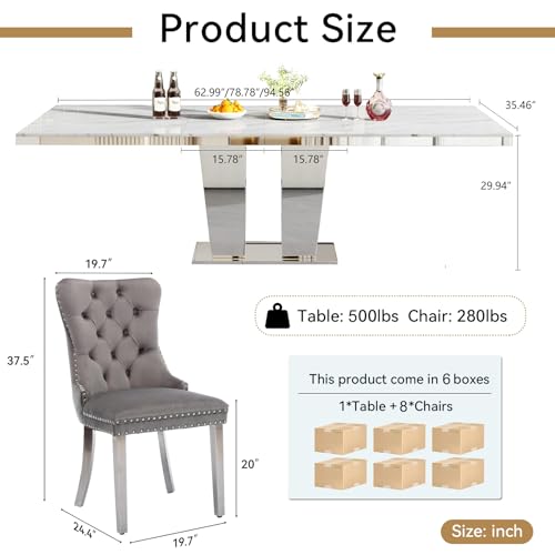 Image of 9-Piece Extendable Dining Table Set for 8, Modern 63 inch-94 inch White Faux Marble Expandable Kitchen Table Set with 8 Velvet Chairs, Large Extendable Dining Room Tables with Mirrored Columnar Base