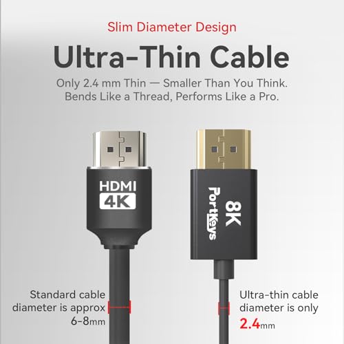 Image of Portkeys 8K HDMI Cable High-Speed HDMI Ultra Thin 10-Core Coaxial Cable, 2.4mm Diameter Cable 19-PIN Full PIN Mapping Support 8K60Hz 4K240Hz for Camera Monitor /PC /TV /Game(0.3M+1M)