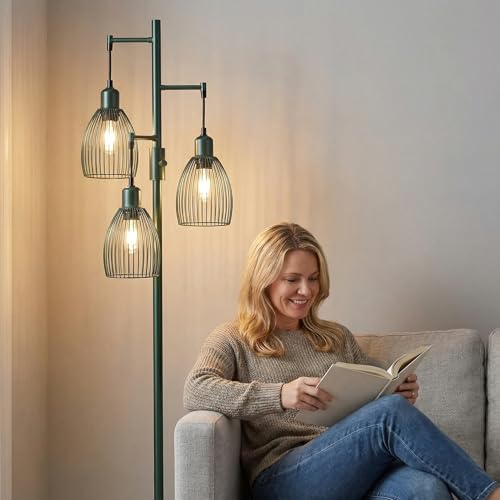 Dimmable Industrial Floor Lamps for Living Room, Green Tree Standing Tall Lamps with 3 Elegant Teardrop Cage Head & 800 Lumens LED Bulbs for Bedroom Office
