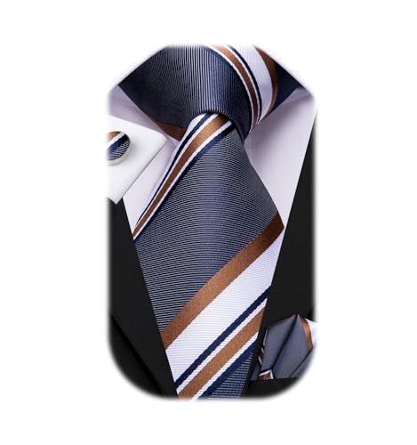طقم ربطة عنق حريرية للرجال من دوبل ومنديل جيب بني وأزرق Medium