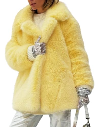 Women Faux Fur Coat Fluffy Open Front Furry Winter Shaggy Jacket(Yellow-S)