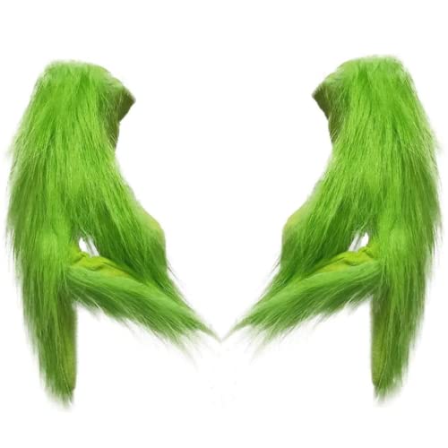 Hefnoya Green Furry Hand Gloves Adults Christmas Santa Cosplay Costume Mask Decoration Props Green Hands Gloves- Novelty Gloves
