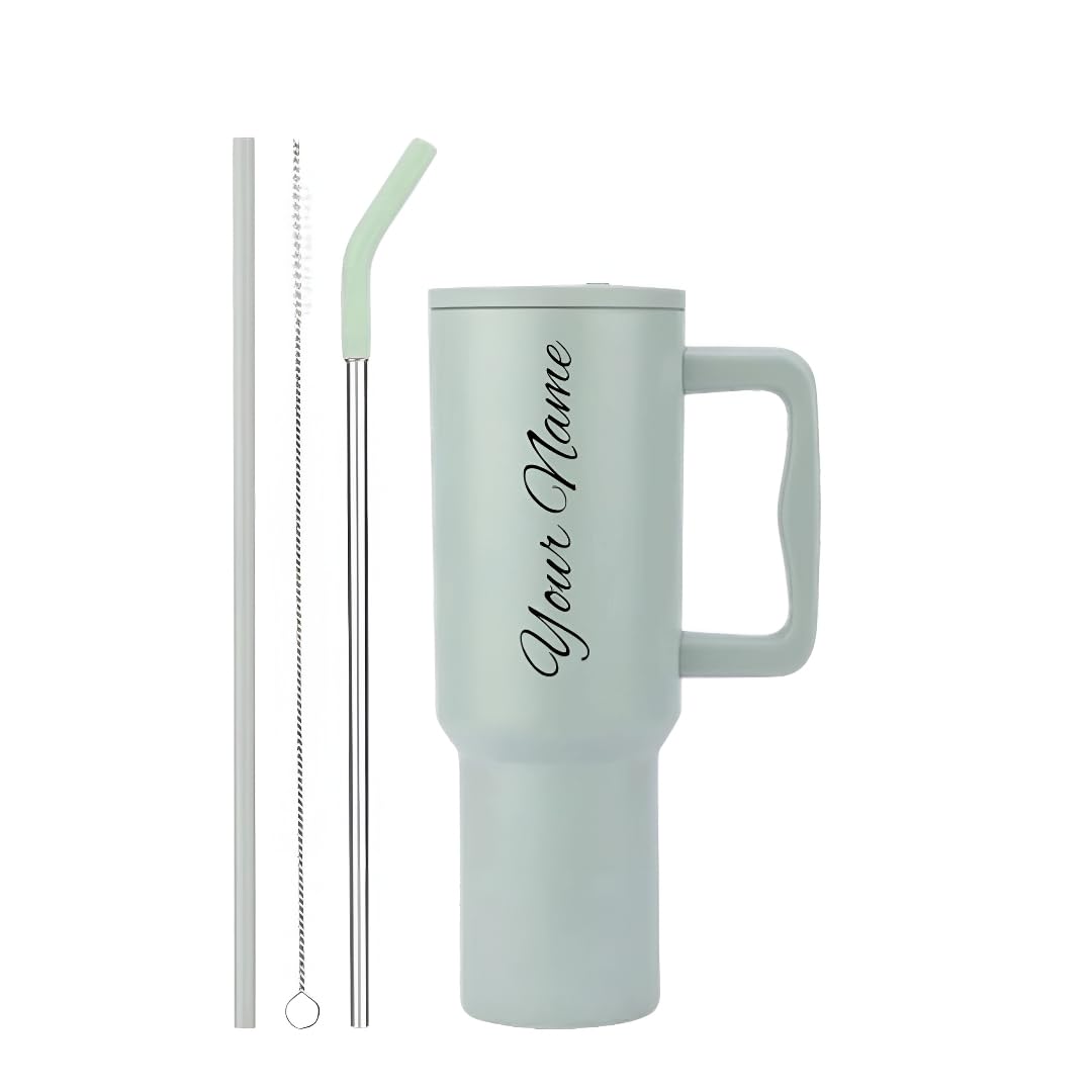 PEIPUS Personalised with Your Name, 1200ml Tumbler with Straw-Handle–Stainless Steel Double Wall Insulated Cup | Leakproof Sipper Mug for Hot-Cold Drinks |Coffee - WaterTumbler (Pista Custom)