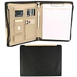 BLU MONACO Portfolio-Ordner aus veganem Leder für Damen, professioneller Padfolio-Arbeits-Organizer mit Goldrand, Business-Tasche mit Reißverschluss für Dokumente, Schwarz
