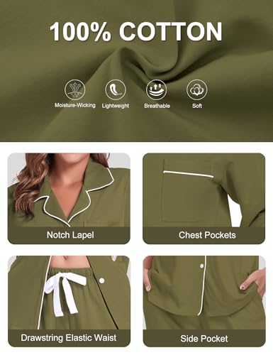 Image of COLORFULLEAF Women's 100% Cotton Pajamas Set Button Down Sleepwear Short Sleeve Shirt and Long Pants Soft Ladies Lounge Sets