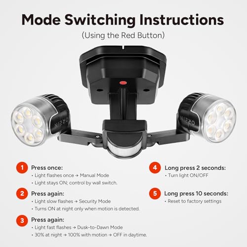 OREiN Set of 2 Outdoor Lights with Motion Sensor, 450° Super Wide Adjustment, Dimmable, 5000K, 12W = 150W, LED Outdoor Lights