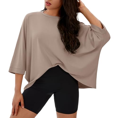 ZANZEA T-shirt oversize da donna con maniche a pipistrello casual sciolto Dolman camicetta top orlo asimmetrico maglietta con spalle scoperte, Scollo rotondo marrone, S ZANZEA T-shirt oversize da donna con maniche a pipistrello casual sciolto Dolman camicetta top orlo asimmetrico maglietta con spalle scoperte, Scollo rotondo marrone, S