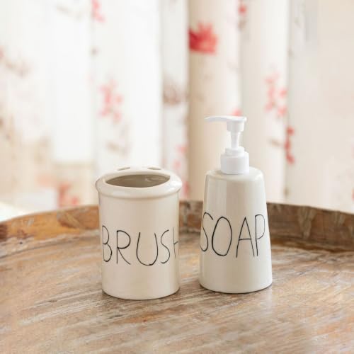 Image of ExclusiveLane 'Hand Lettered' Hand-Painted Ceramic Bathroom Accessories Set of 2 (Liquid Soap Dispenser for Wash Basin, Paste & Toothbrush Holder) |Handwash Dispenser |Bathroom Organiser Set