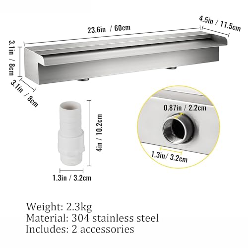 Edelstahl Wasserfall Element 60cm,Teich Wasserfall Spillway Pool Brunnen Wasser Feature,Edelstahl Teich Blade Set,Für Gartenteiche,Steinkörbe,Teichwände,Schwimmbäder,60x11.5x8 cm (Ohne Beleuchtung)