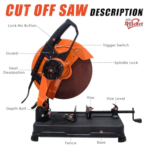 Image of HPD Shakti 14 inch Cut Off Machine (D-Type Handle) - 2000W Full Copper Motor, Heavy-Duty Metal Cutter with 355mm Blade, 3800 RPM, Sturdy Base for Metal, Pipe & Rod Cutting