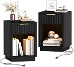 Akxomel Tables de chevet fluted 2, Stand de nuit en bois avec station de recharge et LED Table de fin de siècle moderne avec tiroir, 40 x 38 x 57.5 cm, pour Chambre, Noir