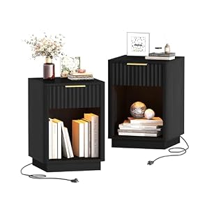 Akxomel Fluted Nightstand Set 2 Bedside Table with Charging Station Black