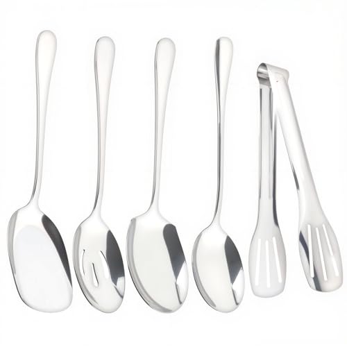 YIMETOP 4 PCS Stainless Steel Serving Spoon Set, Long Handle with 3-Wire Clip, for Kitchen Restaurant Banquet Soup Cooking