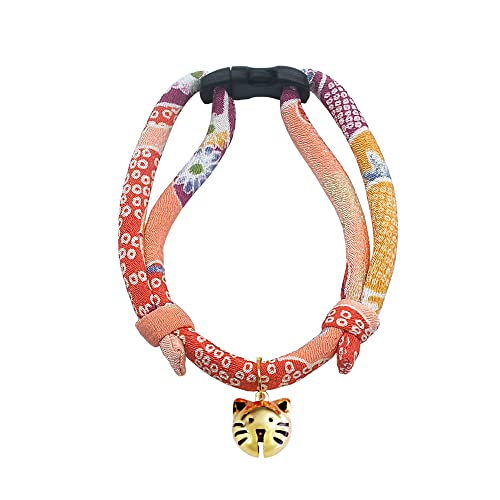 PetSoKoo Cat Collar with Kitty Face Bell. Cute Japan Chirimen Kitten Collar. Soft & Lightweight, Coral, Standard (6-13inch,16-32cm)