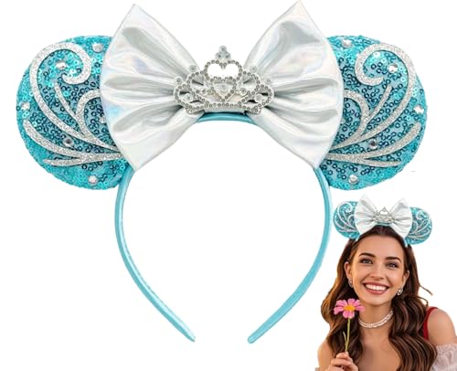 WW-WONDERFULWORLD Princess Mouse Ears Headband with Crown, Silver Bow, Glitter Rhinestone, Blue Sequin, for Fairy Tale Enchanted Dress Costume, Park Cosplay Party, Stage, Daily Fashion; 130Y