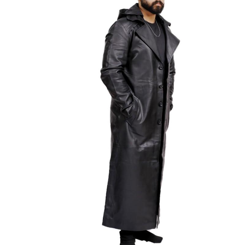 Real Leather Trench Coat Black Long Coat Duster Overcoat Sheepskin Men2