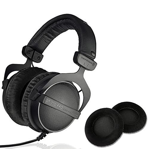beyerdynamic DT 770 PRO 250 Ohm Black Over-Ear Studio Headphones. Enclosed Design, Wired for Professional Recording and Monitoring with Extra Black Velour Earpads (Bundle)