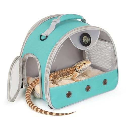Bearded Dragon Travel Backpack Carrier with Reptile Thermometer and Humidity Gauge Lizard Travel Cage Space Capsule Clear Bubble Window Astronaut Reptile Bag for Ball Python (Green Carrier)