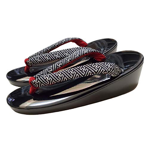 [竹春] エナメル 草履 女性 日本製 黒 ウレタン底 厚底 寸5 エナメル草履 紗綾形(サ) 6cmタイプ