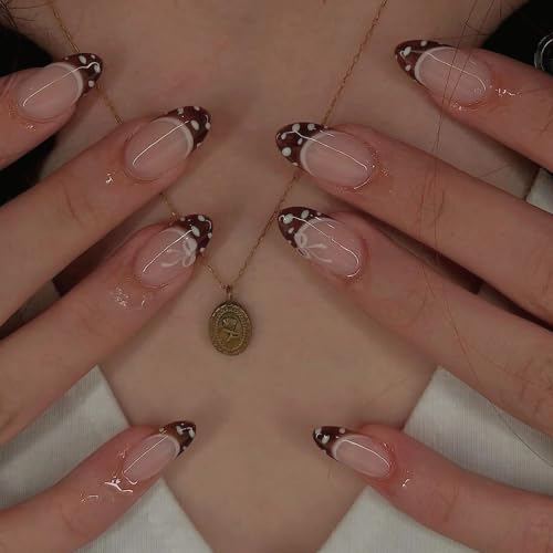 Image of Polka Dot Press on Nails Brown French Tip Fake Nails Short Almond Nails
