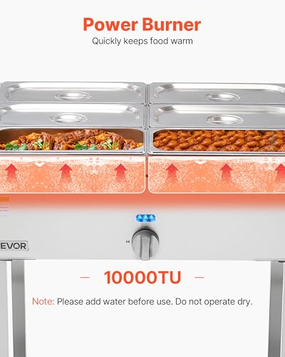 Image of VEVOR 6-Pan Commercial Propane Steam Table, LP Gas Outdoor Soup Warmer with Drain Valve and 3 inch Wheels, Stainless Steel Propane Food Warmer with Adjustable Temperature, for Restaurant Outdoor Camping