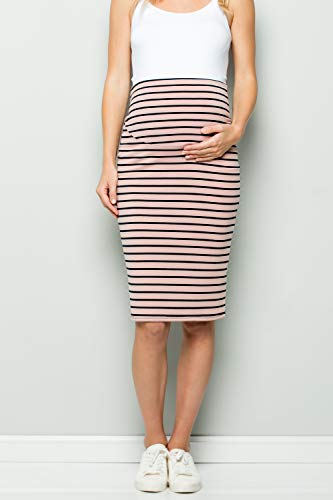My Bump Maternity Skirt For Women - Comfort Stretch High Waisted Tummy Control Cotton Blend Midi Pencil Skirt Made In Usa Pink Navy X-Large #TOP2