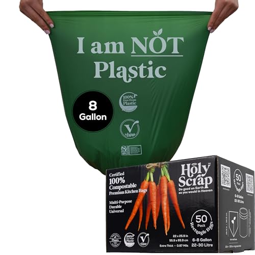 Medium Compostable Trash Bags - 6-8 Gallon, 50 Pack | Odorless, Plastic-Free & Decomposing Kitchen, Bathroom & Countertop Garbage Bags & Liners | Thick Bin Bags for Green & Food Waste