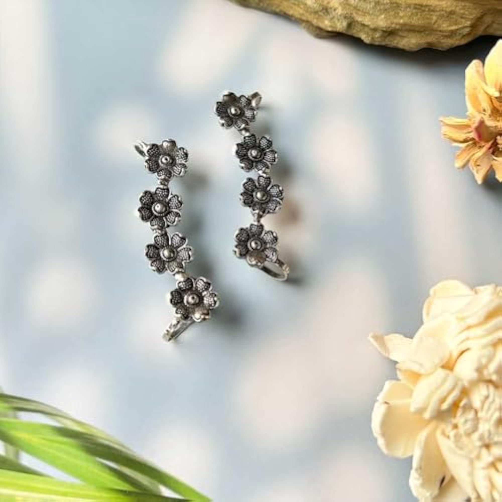 Oxidized Floral Motif Crawler Earring, Earrings Without Piercing