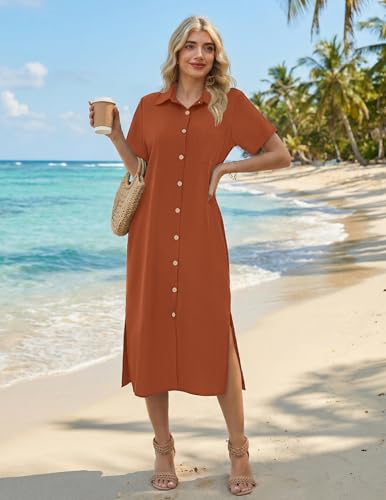Image of HOTOUCH Womens Dress Summer Casual Midi Short Sleeve Button Down Shirt Dresses Loose Beach Cover Up with Pockets