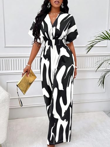 Image of PerZeal Women's V-Neck Short Sleeve Printed Jumpsuit with Pockets - Casual Wide Leg One-Piece Romper for Summer(S-XXL)
