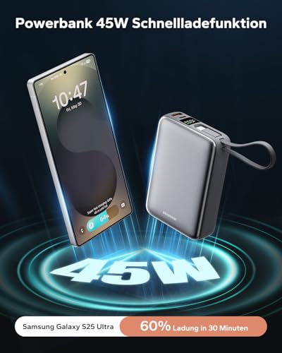 Eazpower Powerbank 45W Schnellladefunktion 20,000mAh mit USB-C Kabel integriert, Externe Handyakkus Leicht Klein Aber Stark für iPhone 17/16 /15 Pro, Samsung S25 Ultra, Xiaomi - Raummetallsilber