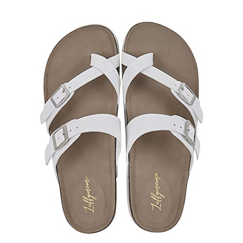 Luffymomo Womens Slide Sole Sandals Cork Footbed Adjustable Thong Flat Sandals(11 M Us White Thong) #TOP2