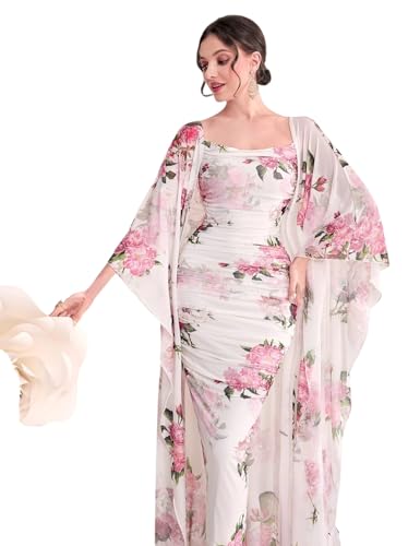 Image of LITZO Women's One Piece Dress - Georgette Floral Printed Western Dress for Women | Round Neck Bodycon Dress & Open Front Coat Casual Wear for Events, Date & Evening Look (NO-32-34)