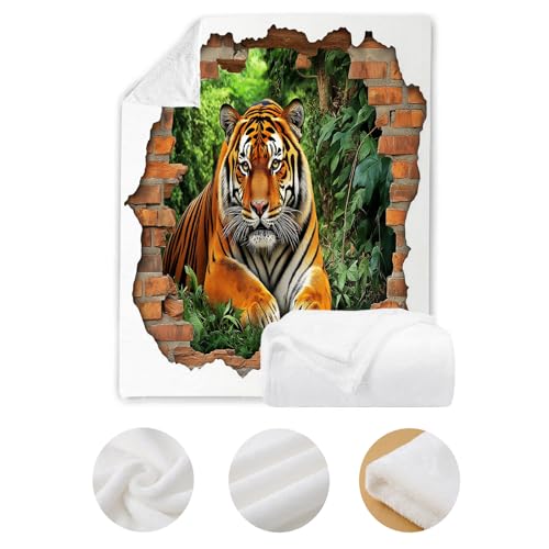Plaid couverture polaire tigre de la jungle 200x220cm blanc pour canapé doux et chaud
