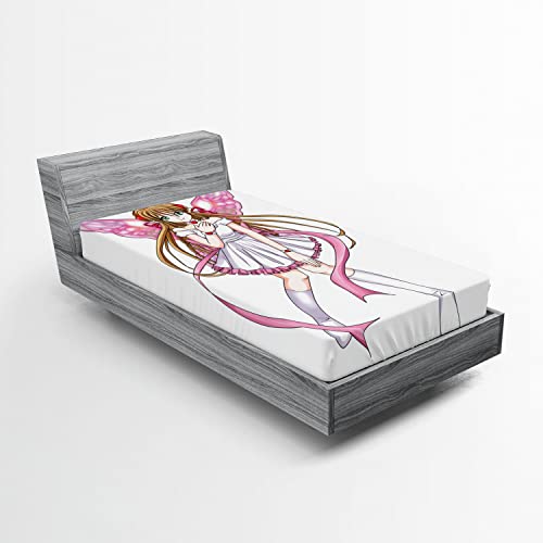 Ambesonne Anime 2 Pack Fitted Sheet, Cartoon Lady Warrior of Love, Bed Cover All-Round Elastic Deep Pockets 2 Pieces, Package Contains 2 Twin Size Fitted Sheets, Brown Pink