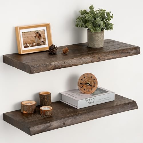 Image of 24 inch Live Edge Floating Shelves, Solid Elm Wood Shelf, Set of 2