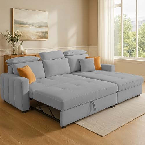 Image of Casaliving Gagnon RHS 4 Seater L Shape Corner Sofa Cum Bed for Living Room (Grey Fabric) Premium Fabric Sofa