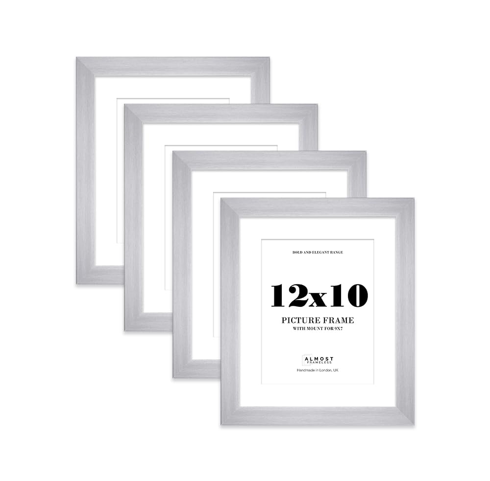 12x10" Silver Frame With Mount for 9x7" Pictures 28mm Edge Portrait and Landscape Display with Wall Hooks and Kickstand, 4 Pack