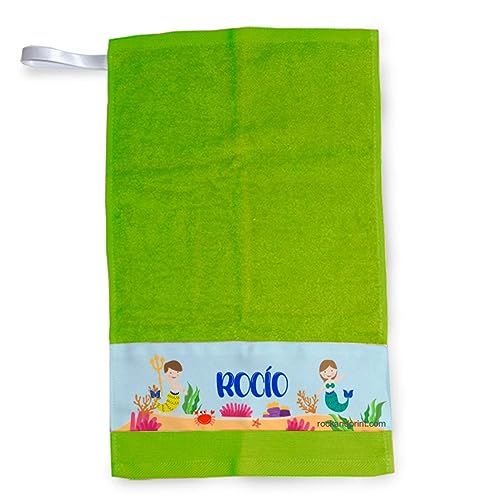 Toalla Cole Guardería SIRENA TRITON Personalizada Nombre Con Cinta para colgarla Vuelta al Cole Regalo Niño Niña Infantil Fondo del mar