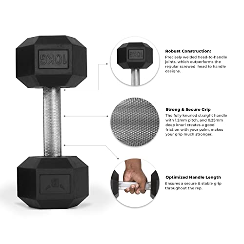 Image of BullrocK Hex Dumbbells with Fully Knurled Straight Handle for Home & Commercial Gyms Rubber Steel Dumbbell Set of 2.5kg to 50kg Pair (80kg Set (40kg x 2))