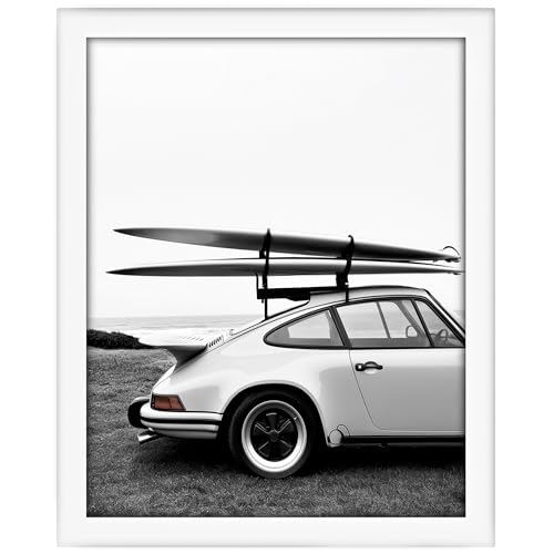 Posterizer - Classic Car Poster - car with surfboards, beach poster - vintage aesthetic Black and White photography print - beach house and living room wall décor - 11x14 framed wall art